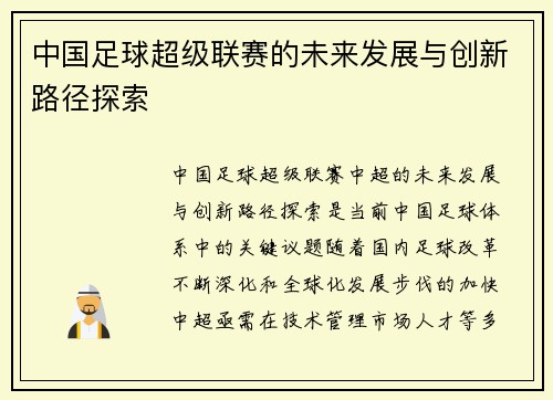 中国足球超级联赛的未来发展与创新路径探索