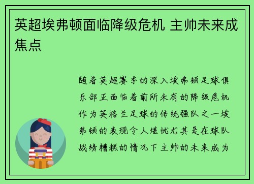 英超埃弗顿面临降级危机 主帅未来成焦点